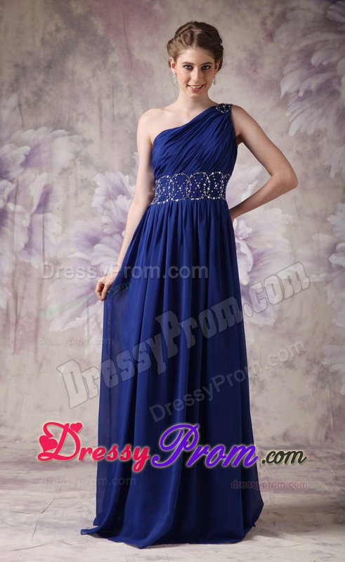 Latest Navy Blue one Shoulder Prom Celebrity Dress Ruching And Beading