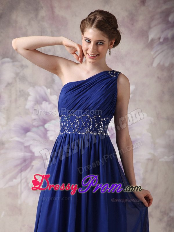 Latest Navy Blue one Shoulder Prom Celebrity Dress Ruching And Beading