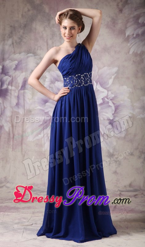 Latest Navy Blue one Shoulder Prom Celebrity Dress Ruching And Beading