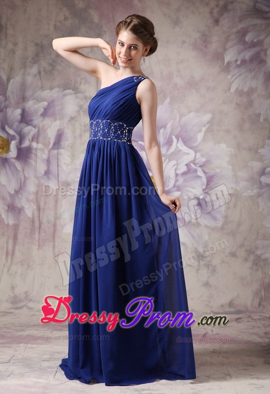 Latest Navy Blue one Shoulder Prom Celebrity Dress Ruching And Beading