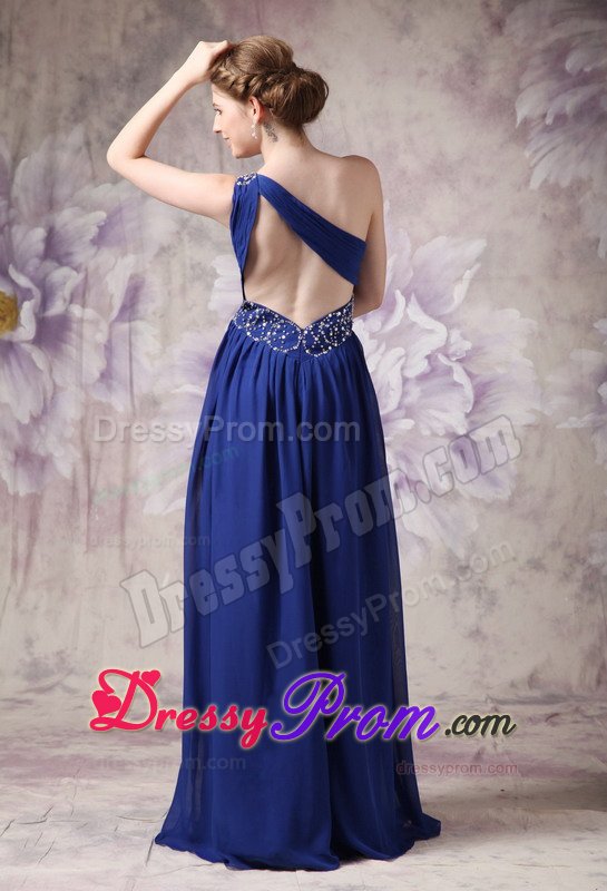 Latest Navy Blue one Shoulder Prom Celebrity Dress Ruching And Beading
