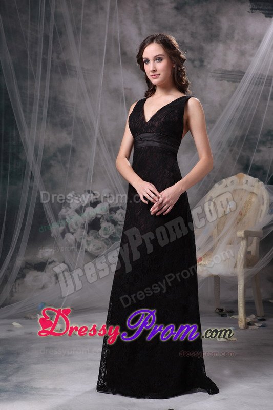 Black V-neck Floor-length Prom Holiday Dress with Criss Cross on Back