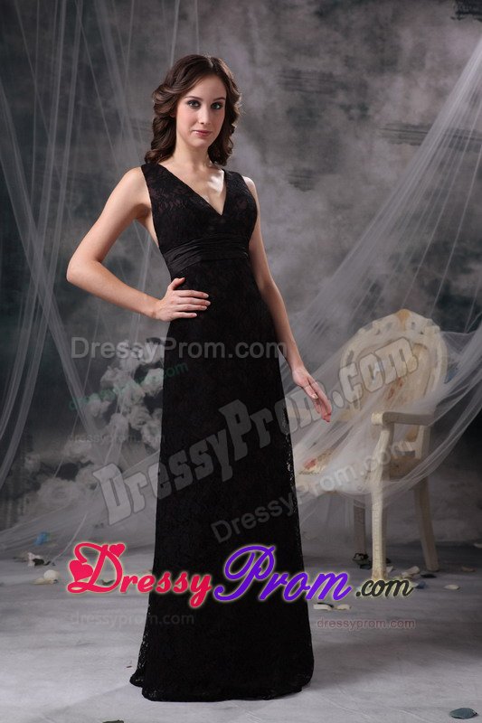 Black V-neck Floor-length Prom Holiday Dress with Criss Cross on Back