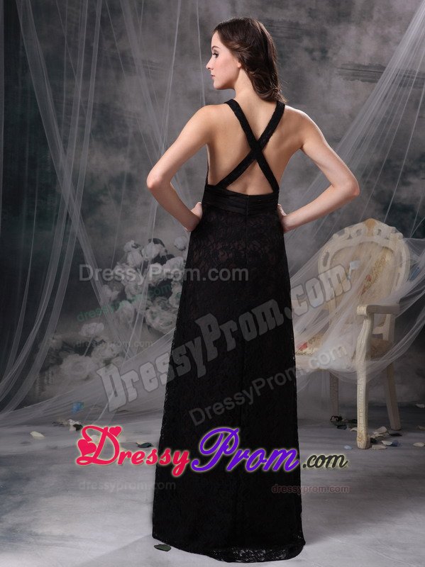 Black V-neck Floor-length Prom Holiday Dress with Criss Cross on Back