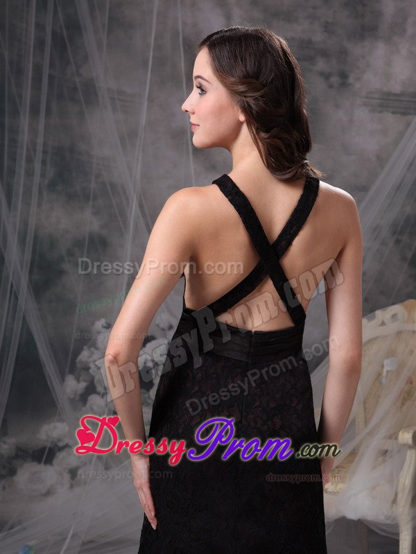 Black V-neck Floor-length Prom Holiday Dress with Criss Cross on Back