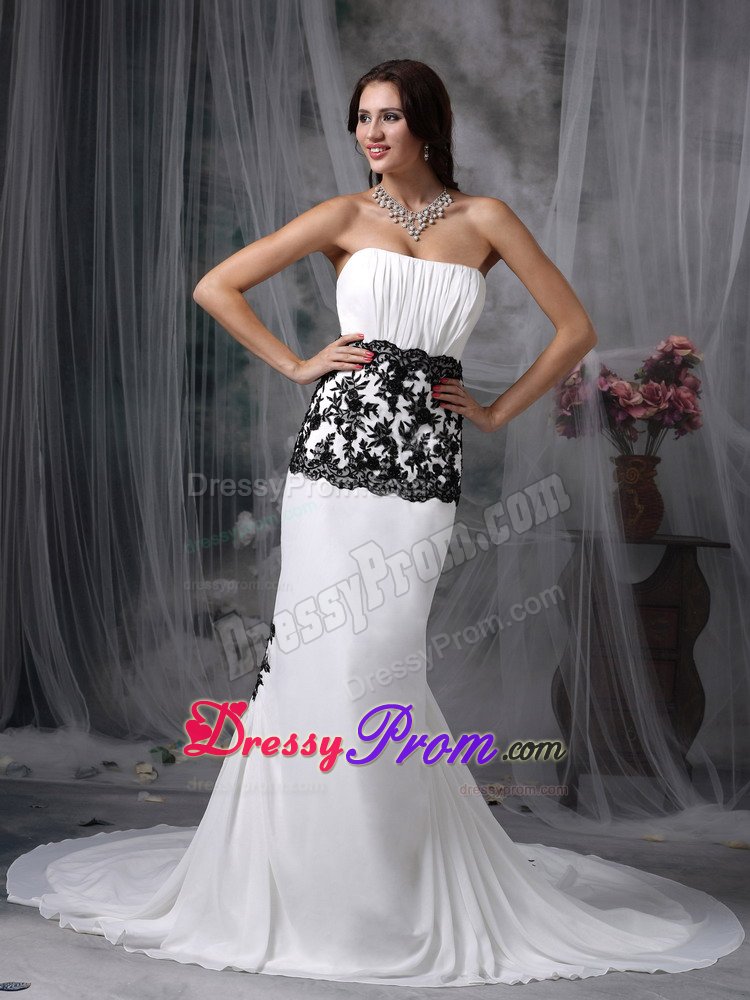 Stylish White Prom Gowns Mermaid Chiffon Lace Decorated Chapel Train