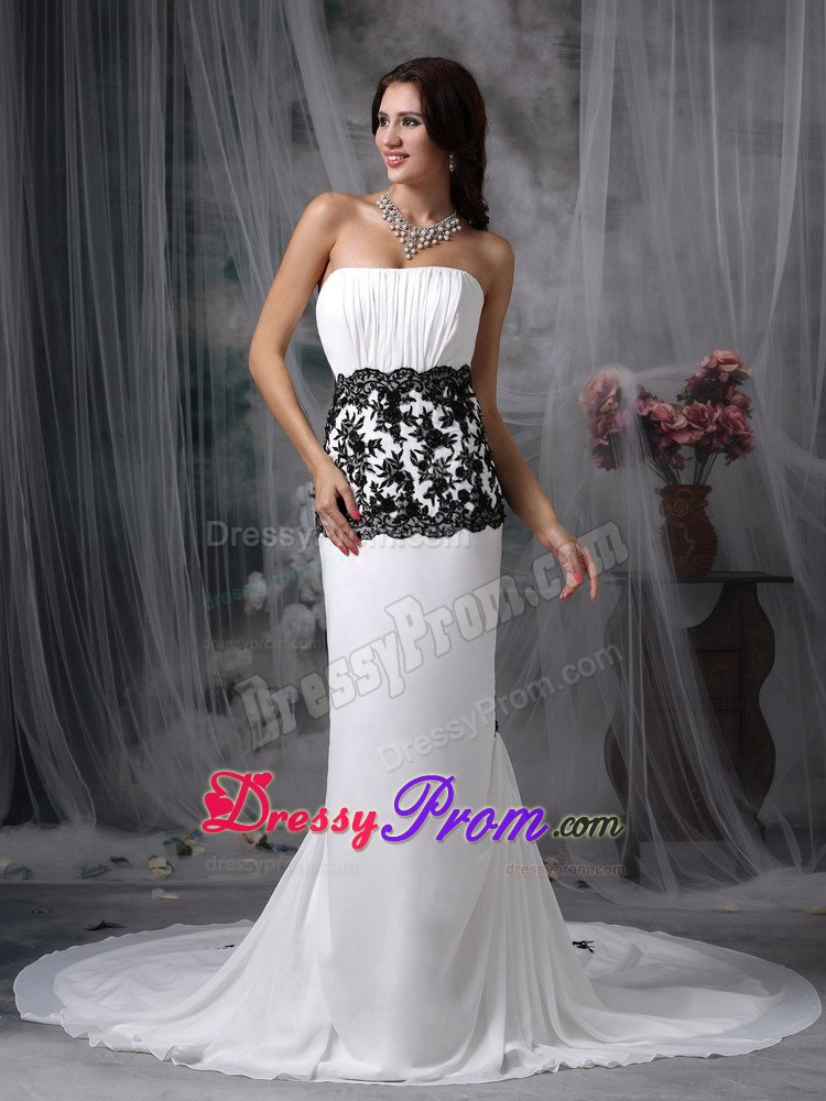 Stylish White Prom Gowns Mermaid Chiffon Lace Decorated Chapel Train