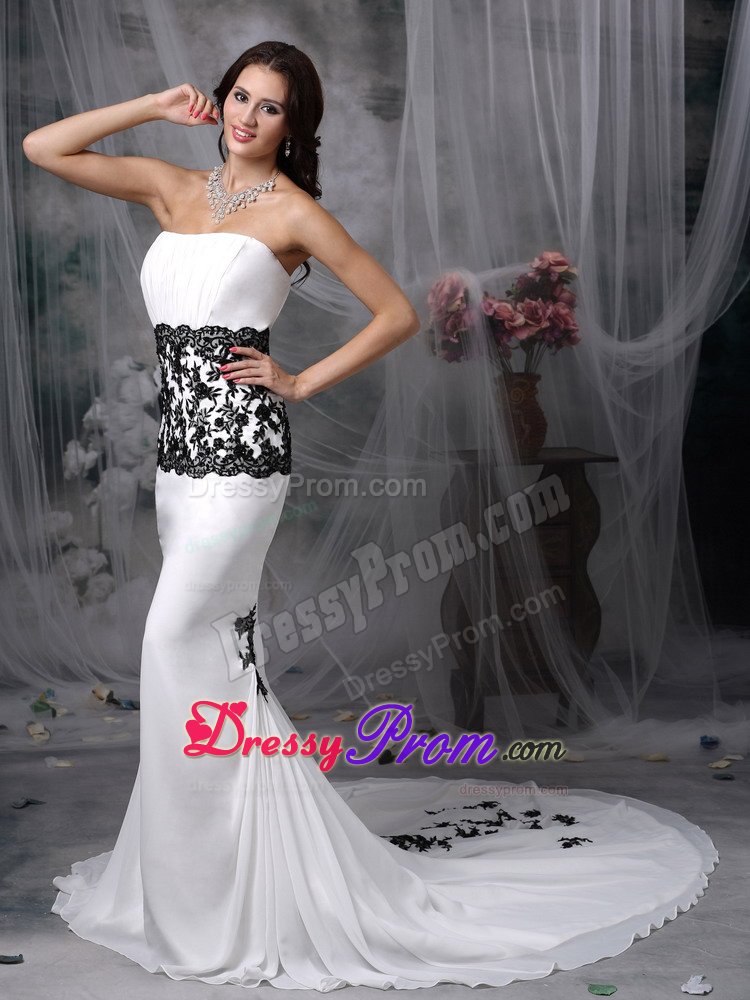 Stylish White Prom Gowns Mermaid Chiffon Lace Decorated Chapel Train