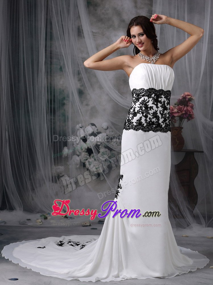 Stylish White Prom Gowns Mermaid Chiffon Lace Decorated Chapel Train