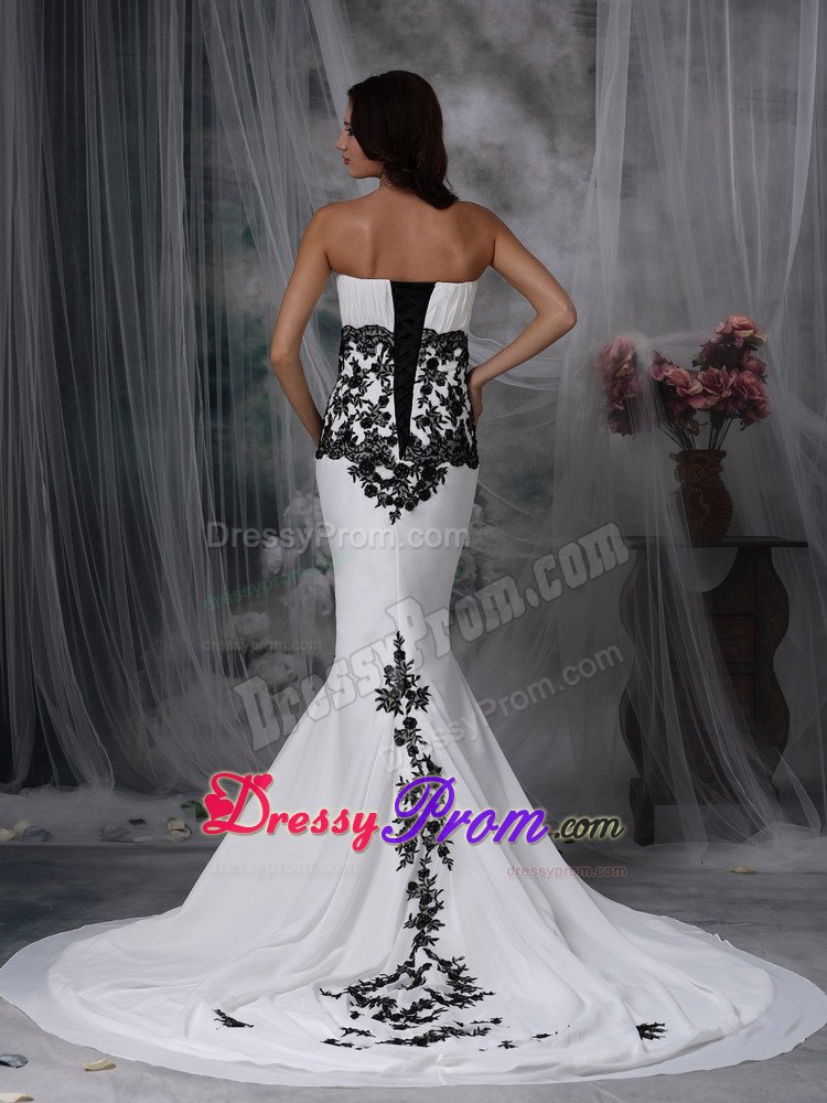 Stylish White Prom Gowns Mermaid Chiffon Lace Decorated Chapel Train