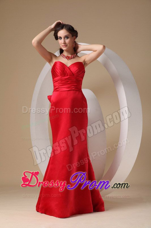 Ruched Bodice Prom Cocktail Dresses Brush Train with Bowknot in Red