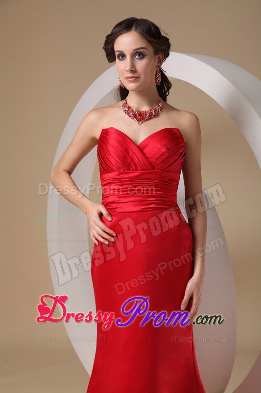 Ruched Bodice Prom Cocktail Dresses Brush Train with Bowknot in Red