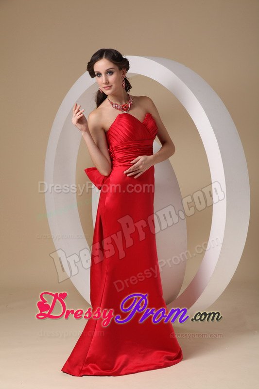 Ruched Bodice Prom Cocktail Dresses Brush Train with Bowknot in Red