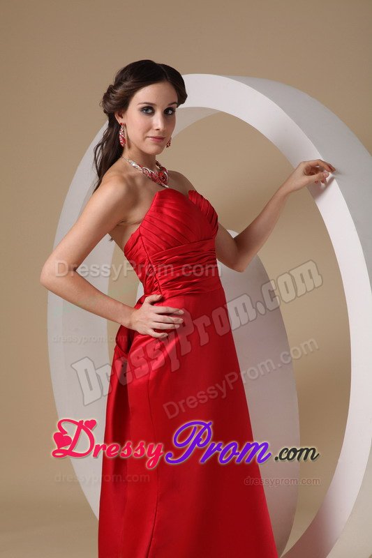 Ruched Bodice Prom Cocktail Dresses Brush Train with Bowknot in Red
