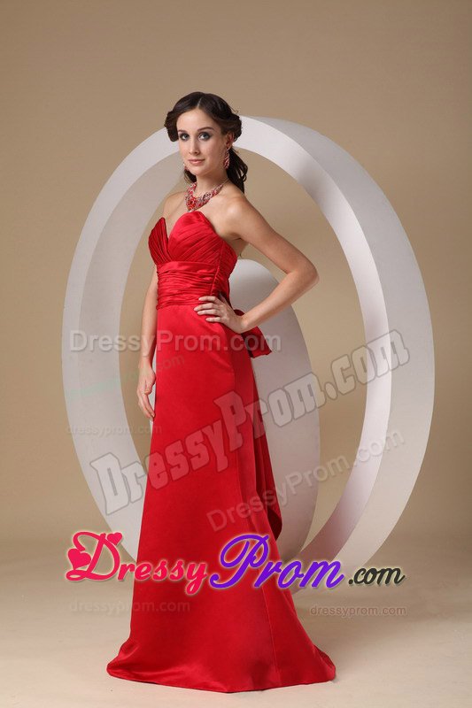 Ruched Bodice Prom Cocktail Dresses Brush Train with Bowknot in Red