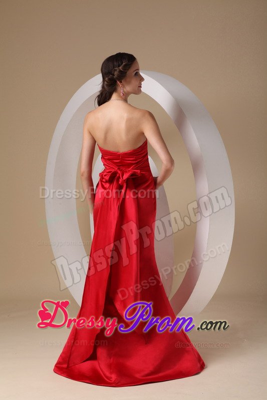 Ruched Bodice Prom Cocktail Dresses Brush Train with Bowknot in Red