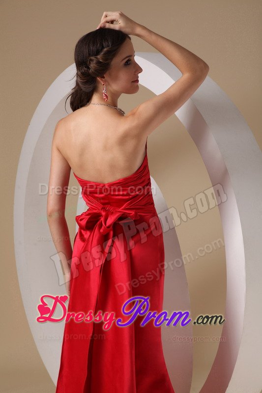 Ruched Bodice Prom Cocktail Dresses Brush Train with Bowknot in Red