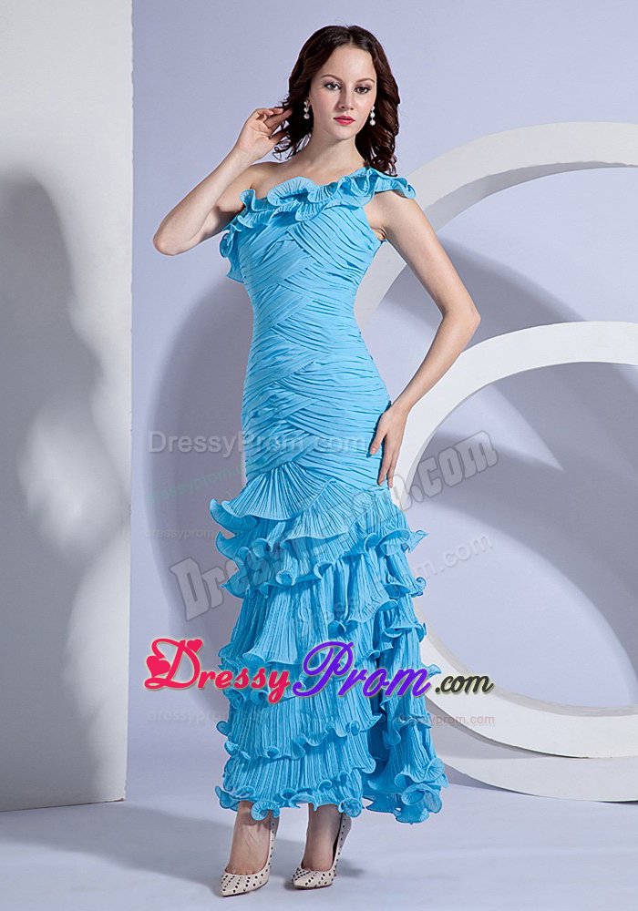 Multi-tiered Ankle-length Prom Gown Dresses one Shoulder Ruches Pleat