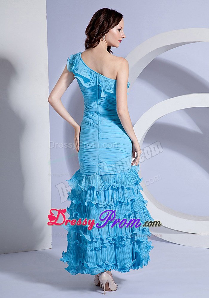 Multi-tiered Ankle-length Prom Gown Dresses one Shoulder Ruches Pleat