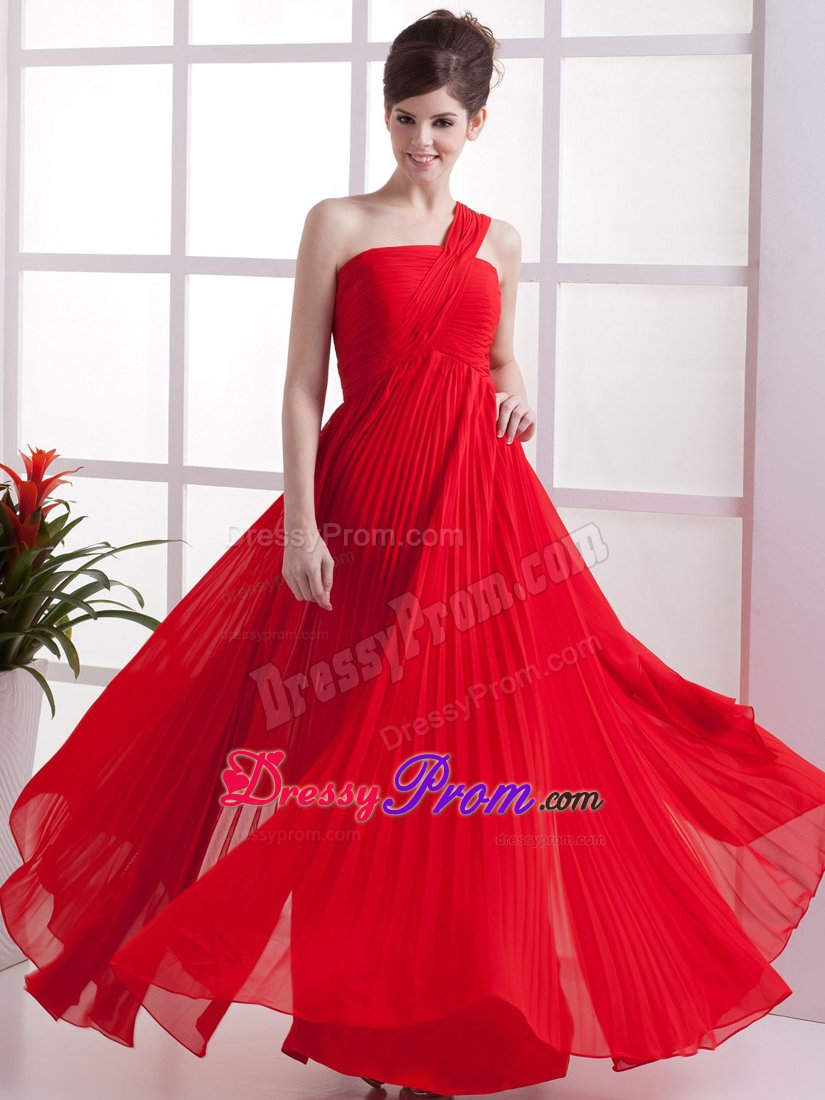 Red one Shoulder Prom Celebrity Dresses Pleat in Chiffon Ankle-length