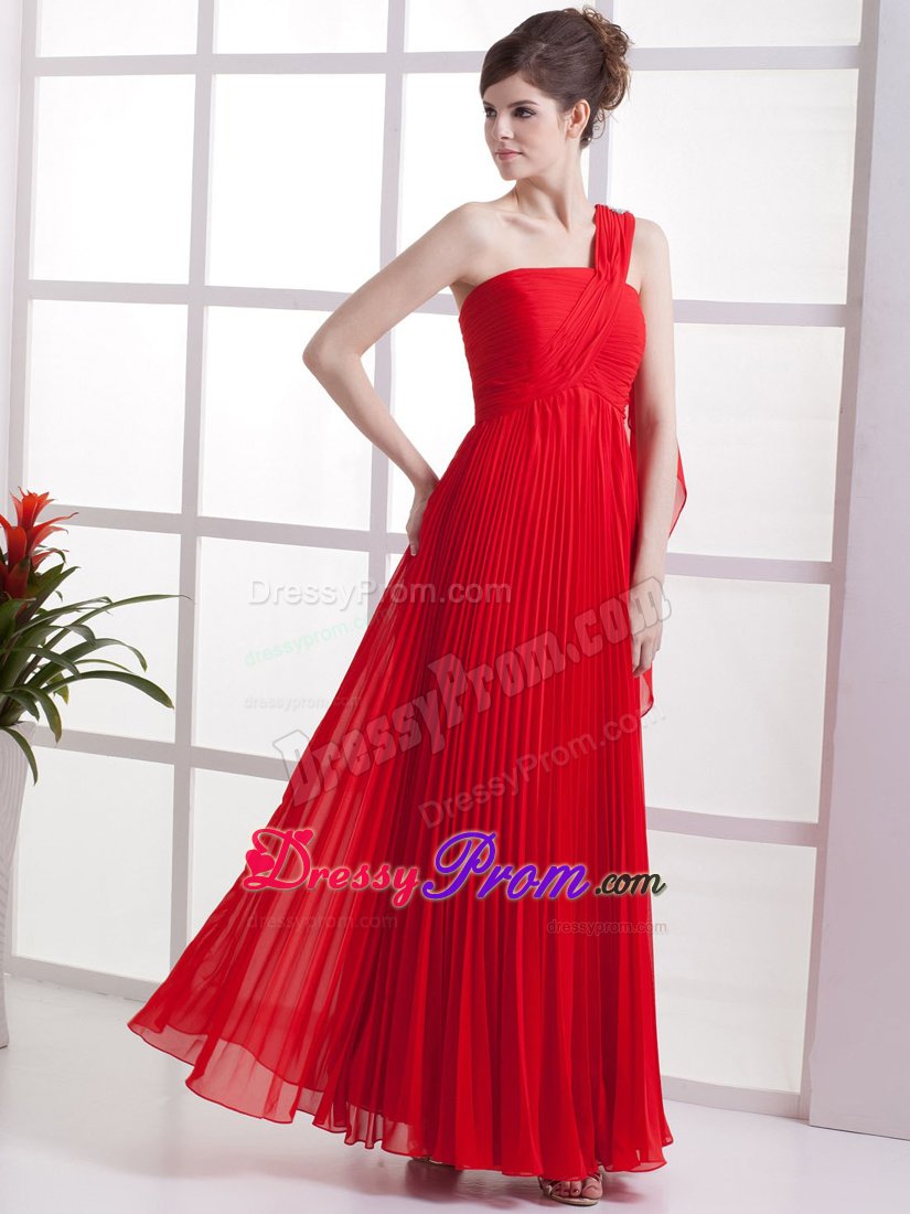 Red one Shoulder Prom Celebrity Dresses Pleat in Chiffon Ankle-length