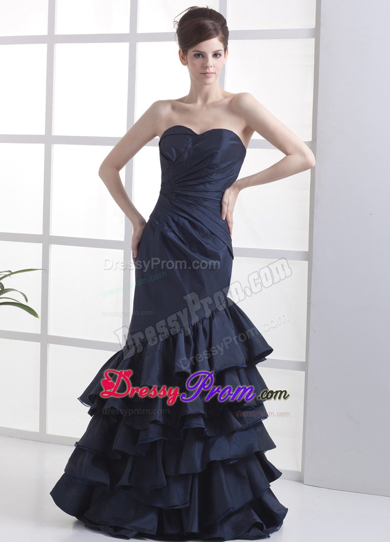 Navy Blue Prom Graduation Dresses Mermaid with Ruffled Layers in Style