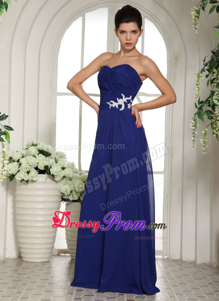 Pretty Floor-length Royal Blue Prom Gowns Beading Sweetheart Chiffon