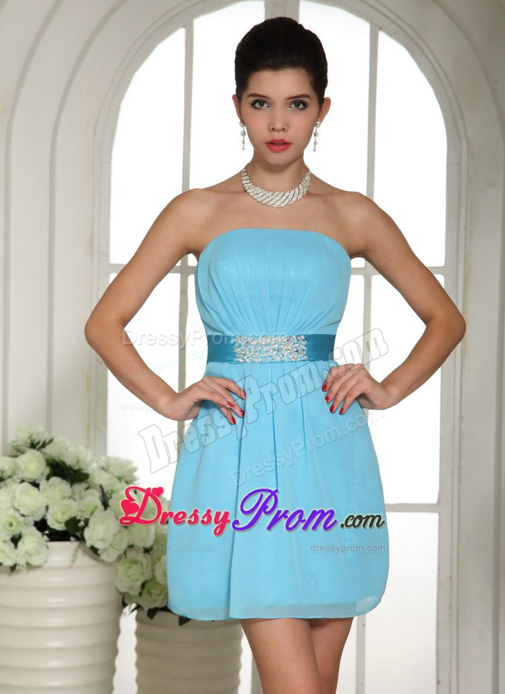 New Chiffon Prom Holiday Dress Strapless with Beaded Sash Mini-length