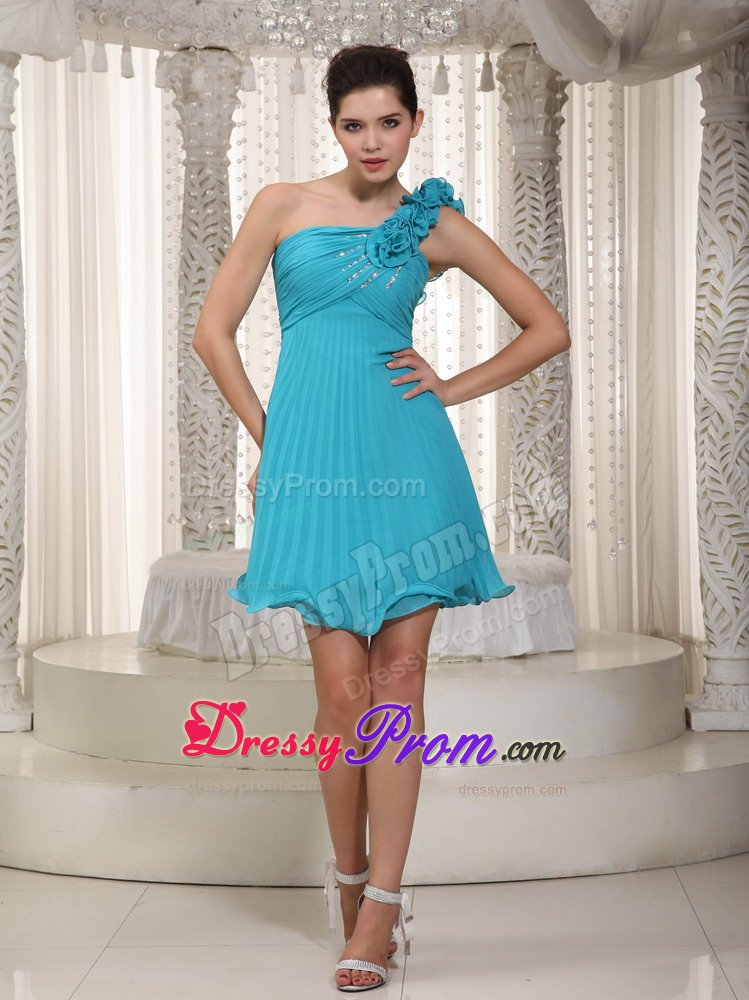 Elegant Mini-length one Shoulder Prom Dresses with Hand Made Flowers