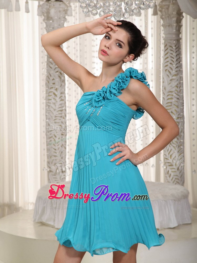 Elegant Mini-length one Shoulder Prom Dresses with Hand Made Flowers