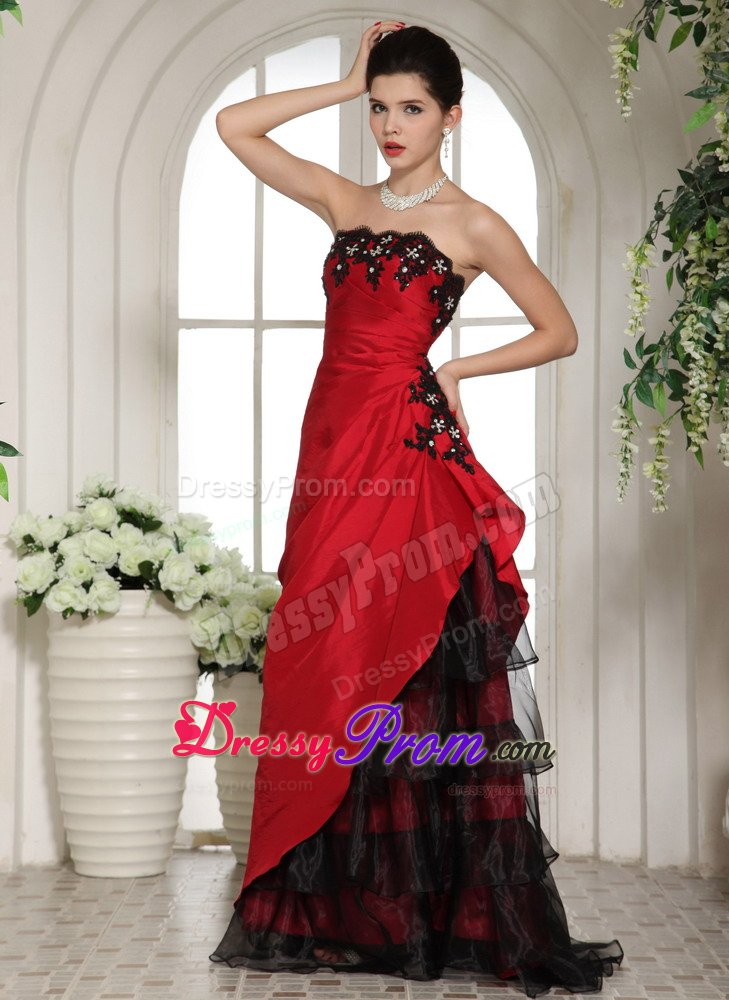 Romantic Red Prom Party Dress Appliques And Ruches with Floor-length