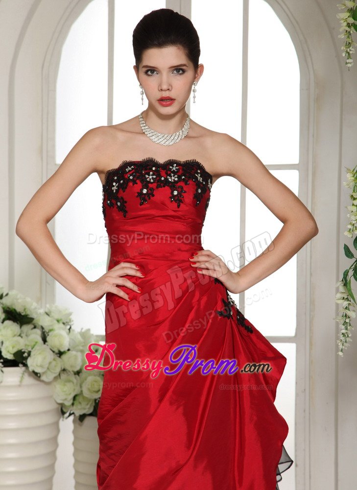 Romantic Red Prom Party Dress Appliques And Ruches with Floor-length