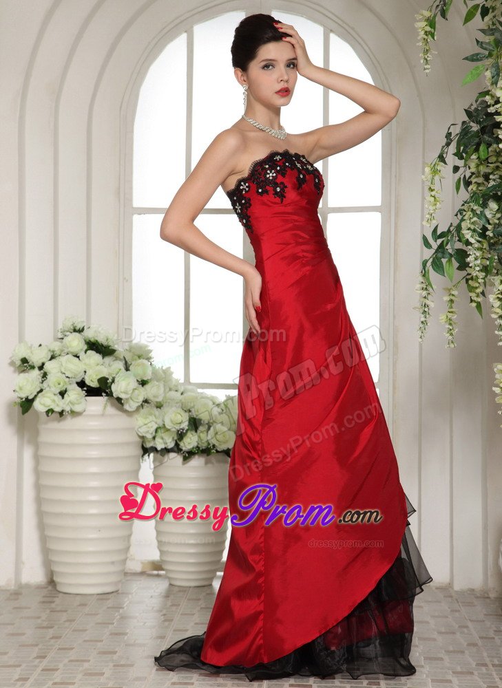Romantic Red Prom Party Dress Appliques And Ruches with Floor-length