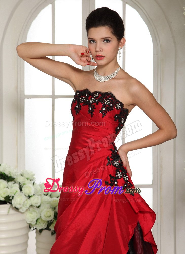 Romantic Red Prom Party Dress Appliques And Ruches with Floor-length