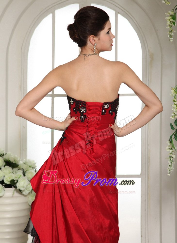 Romantic Red Prom Party Dress Appliques And Ruches with Floor-length