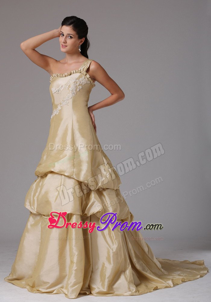 Sweet Champagne Single Shoulder Prom Holiday Dresses with Appliques