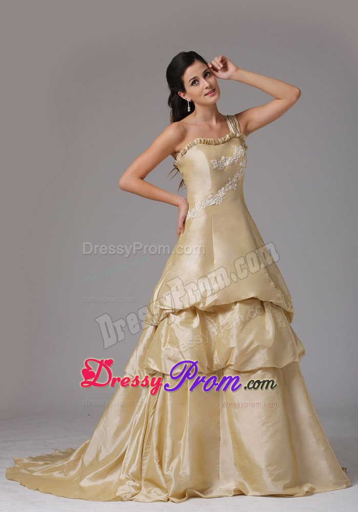 Sweet Champagne Single Shoulder Prom Holiday Dresses with Appliques