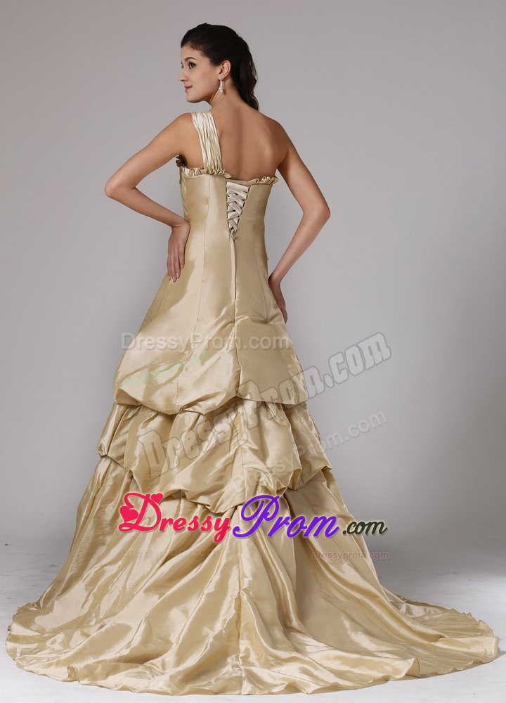 Sweet Champagne Single Shoulder Prom Holiday Dresses with Appliques