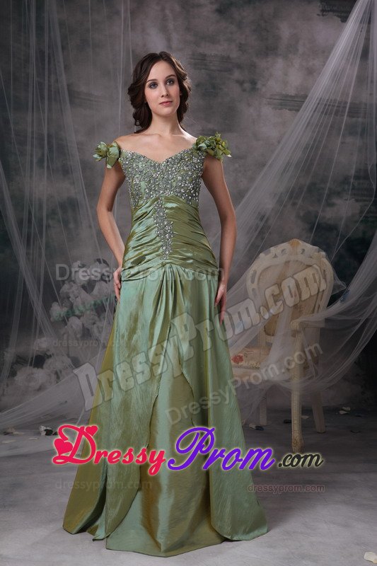 Luxurious Off the Shoulder Prom Gowns Beading Ruches in Olive Green