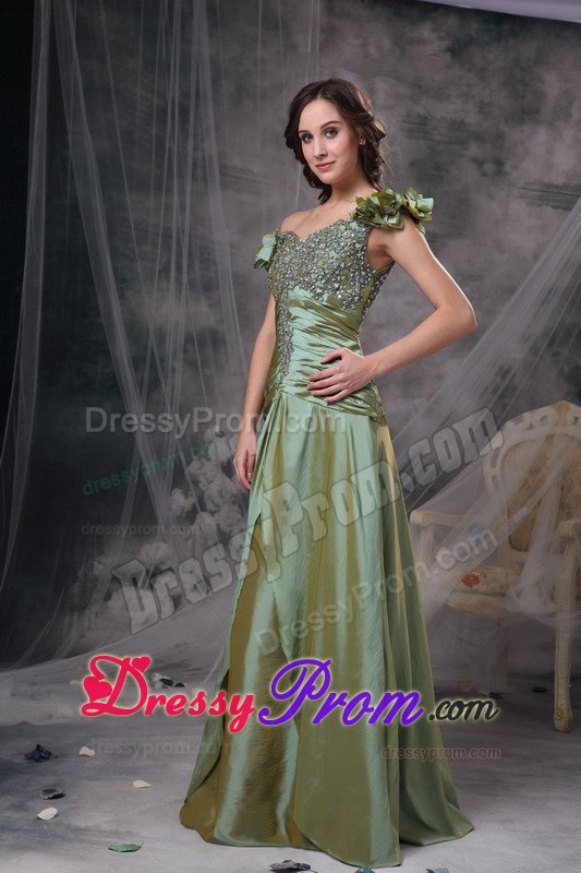Luxurious Off the Shoulder Prom Gowns Beading Ruches in Olive Green