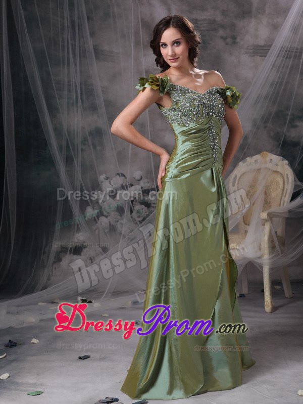 Luxurious Off the Shoulder Prom Gowns Beading Ruches in Olive Green