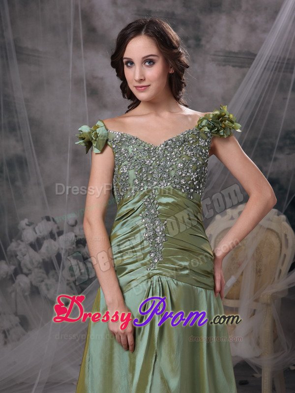 Luxurious Off the Shoulder Prom Gowns Beading Ruches in Olive Green