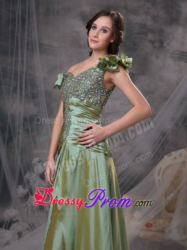 Luxurious Off the Shoulder Prom Gowns Beading Ruches in Olive Green