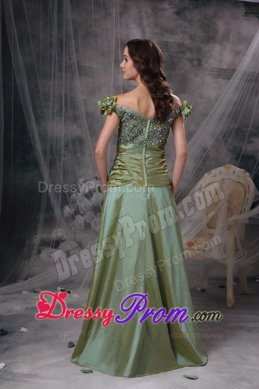 Luxurious Off the Shoulder Prom Gowns Beading Ruches in Olive Green