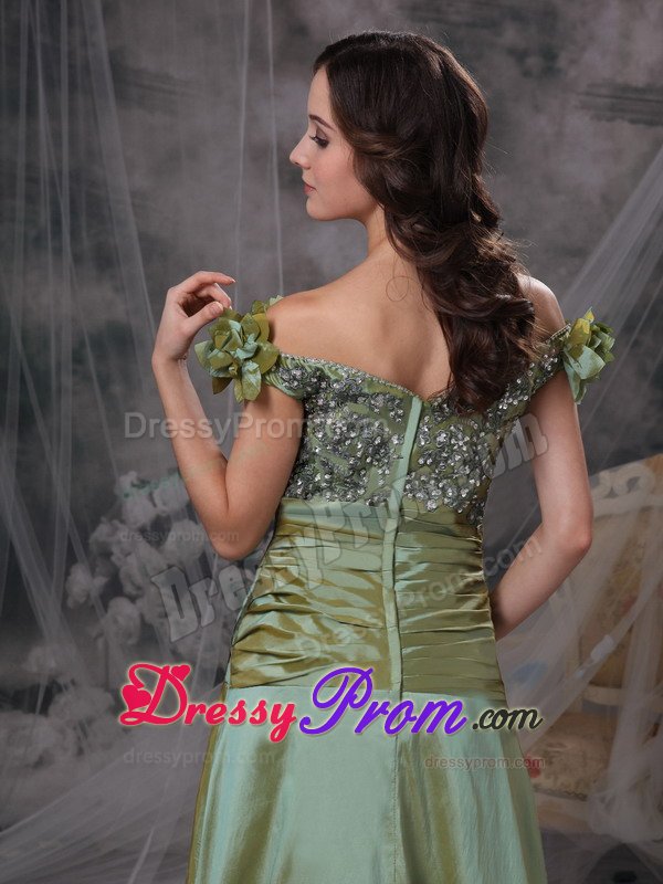 Luxurious Off the Shoulder Prom Gowns Beading Ruches in Olive Green
