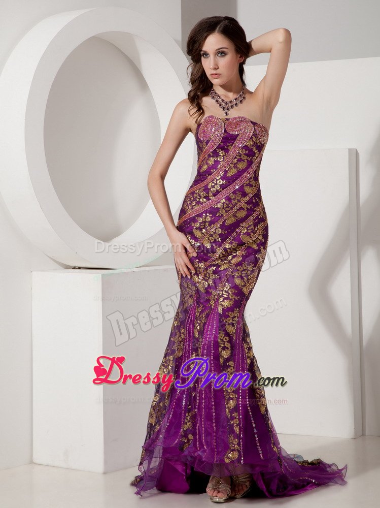 Latest Mermaid Strapless Prom Graduation Dress Sequins Sweep Train