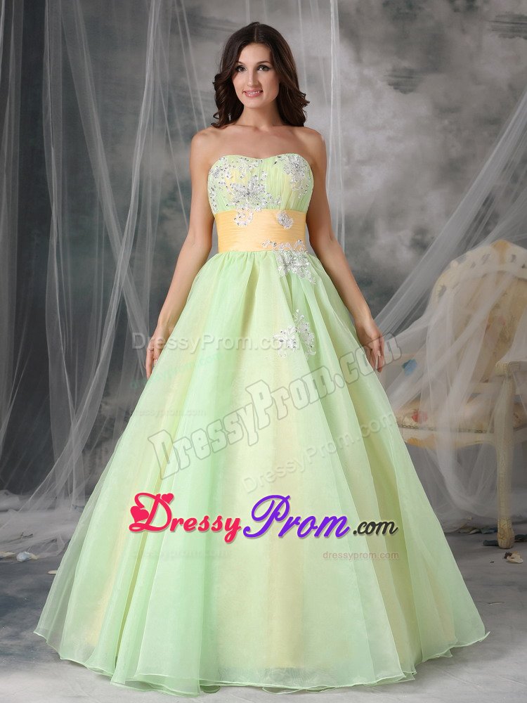 Sweetheart Appliques Prom Cocktail Dresses with Sash in Yellow Green