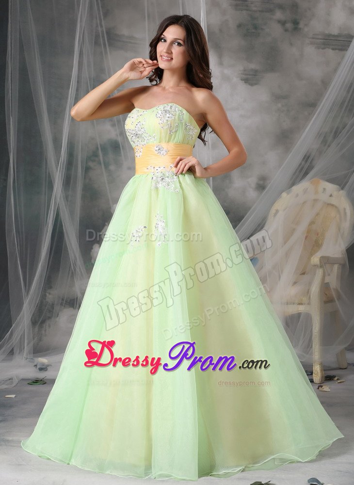Sweetheart Appliques Prom Cocktail Dresses with Sash in Yellow Green