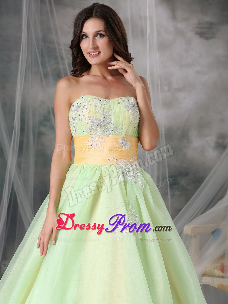 Sweetheart Appliques Prom Cocktail Dresses with Sash in Yellow Green