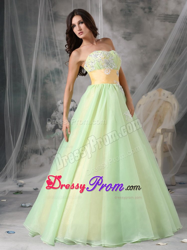 Sweetheart Appliques Prom Cocktail Dresses with Sash in Yellow Green
